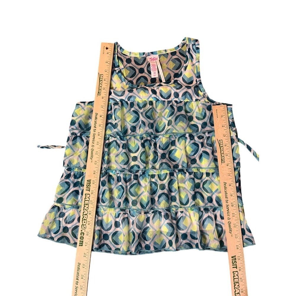 Justice Girls 16 Sleeveless Tiered Blouse Blue Lime Shimmer Ruffle Top Used - Picture 9 of 16
